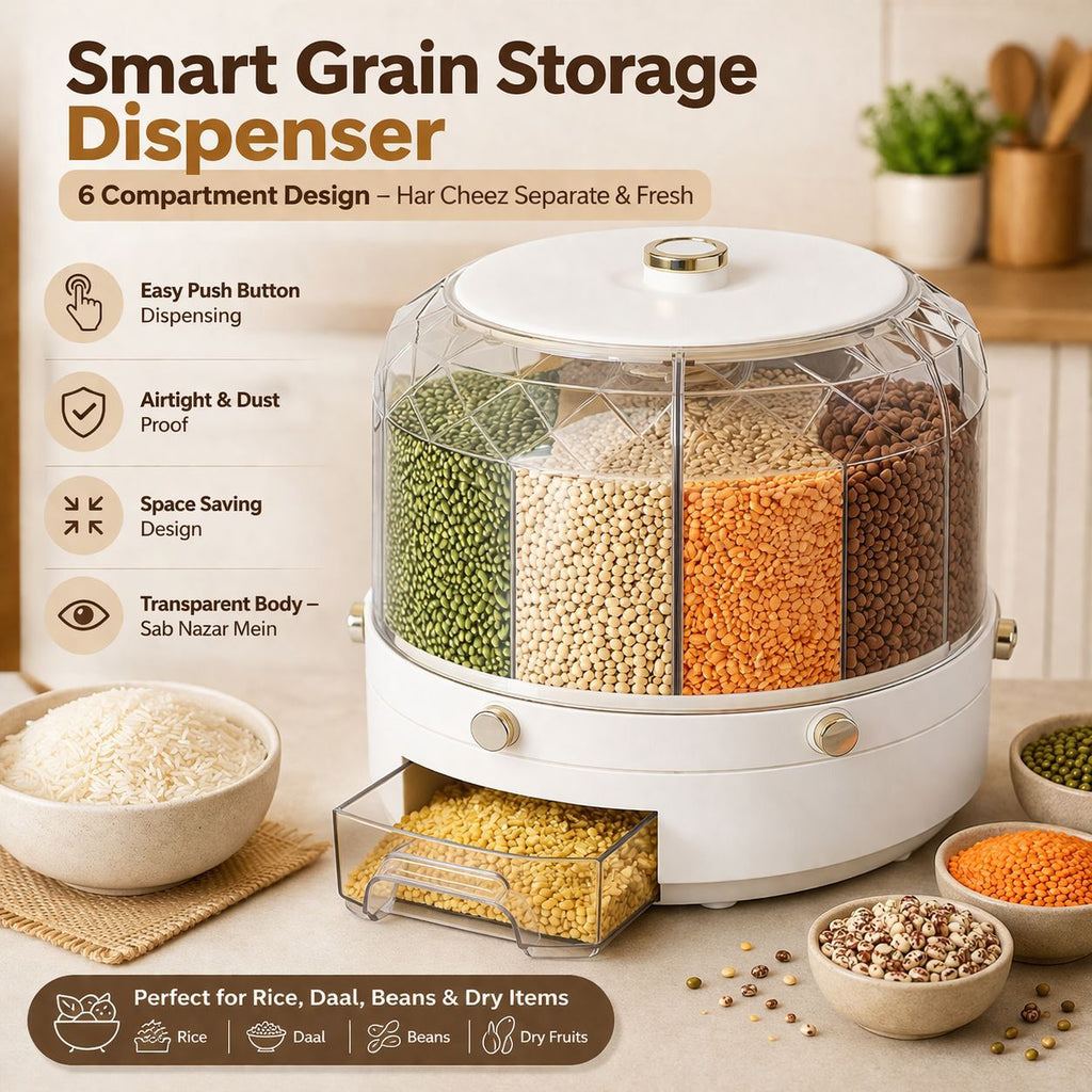 Smart grain storage dispenser with compartments filled with grains, surrounded by kitchen items.