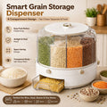 Smart grain storage dispenser with compartments filled with grains, surrounded by kitchen items.