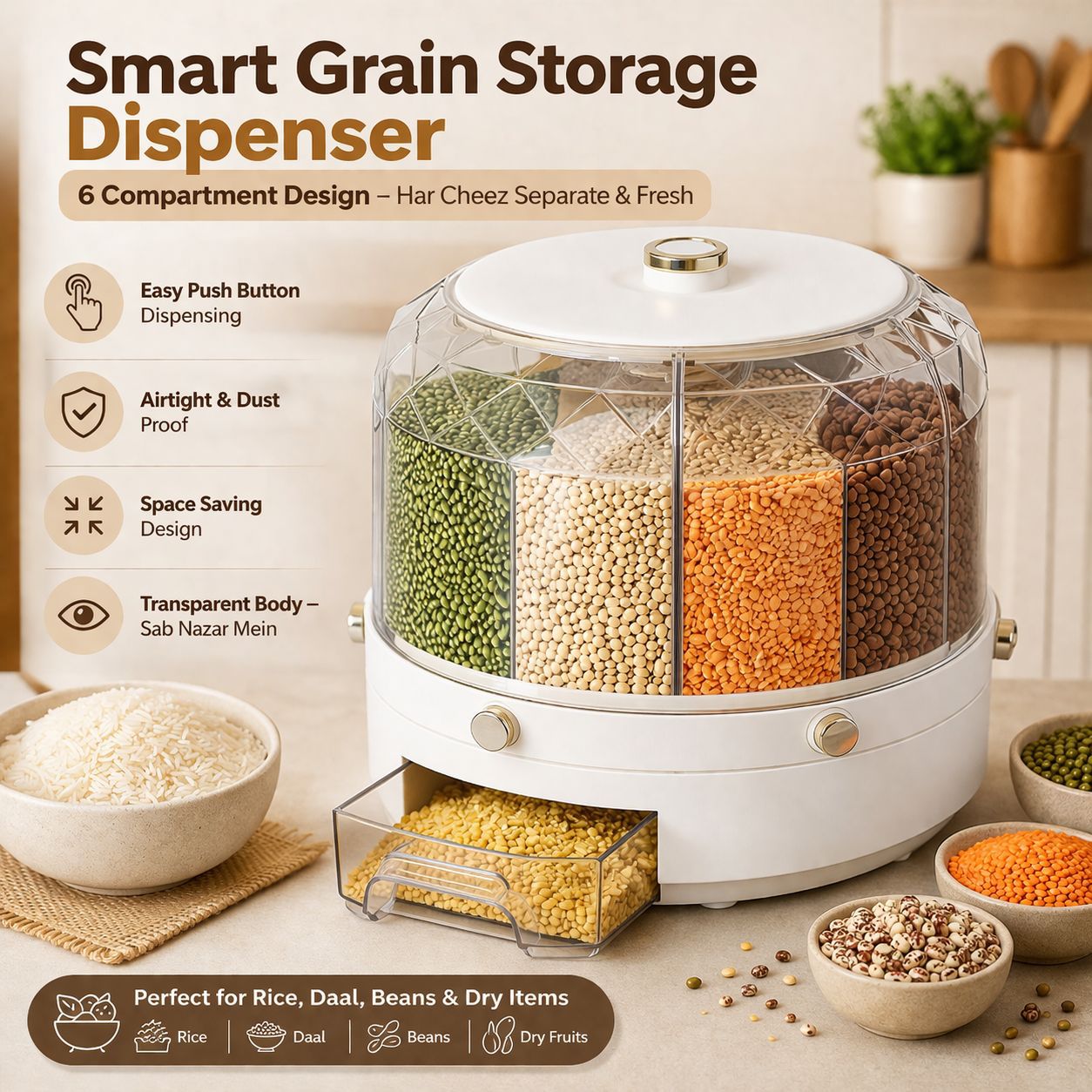 Smart grain storage dispenser with compartments filled with grains, surrounded by kitchen items.
