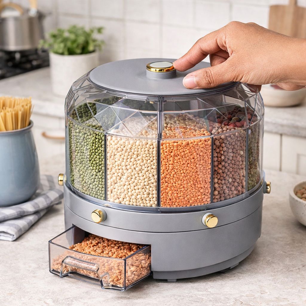 Gray kitchen storage container with compartments for various grains on a kitchen counter.