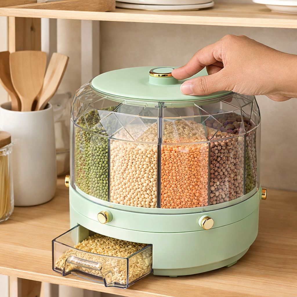 Green kitchen storage container with compartments on a wooden shelf.