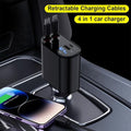 4-in-1 car charger with retractable cables on a car dashboard