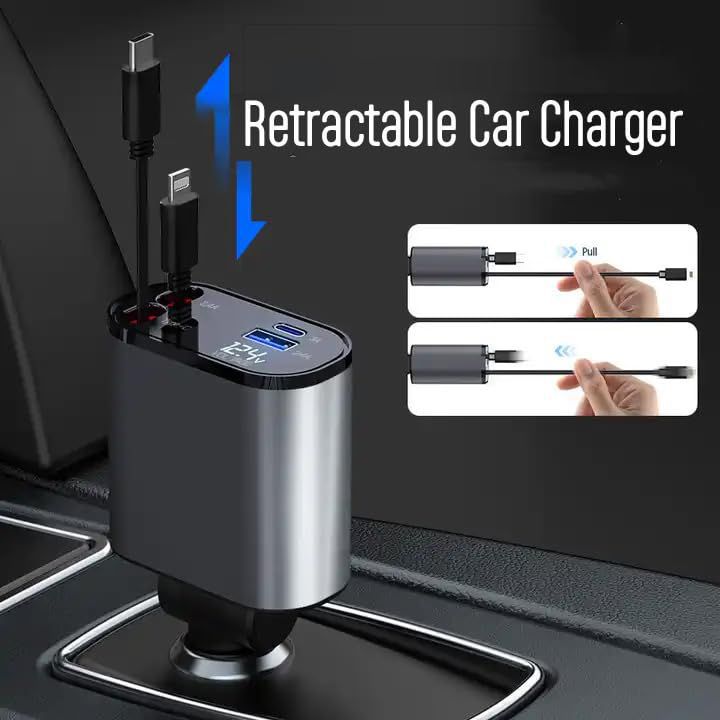 Retractable car charger with USB ports and cable on a black background