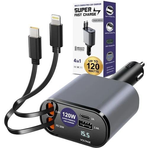 Car charger with multiple cables and packaging on a white background