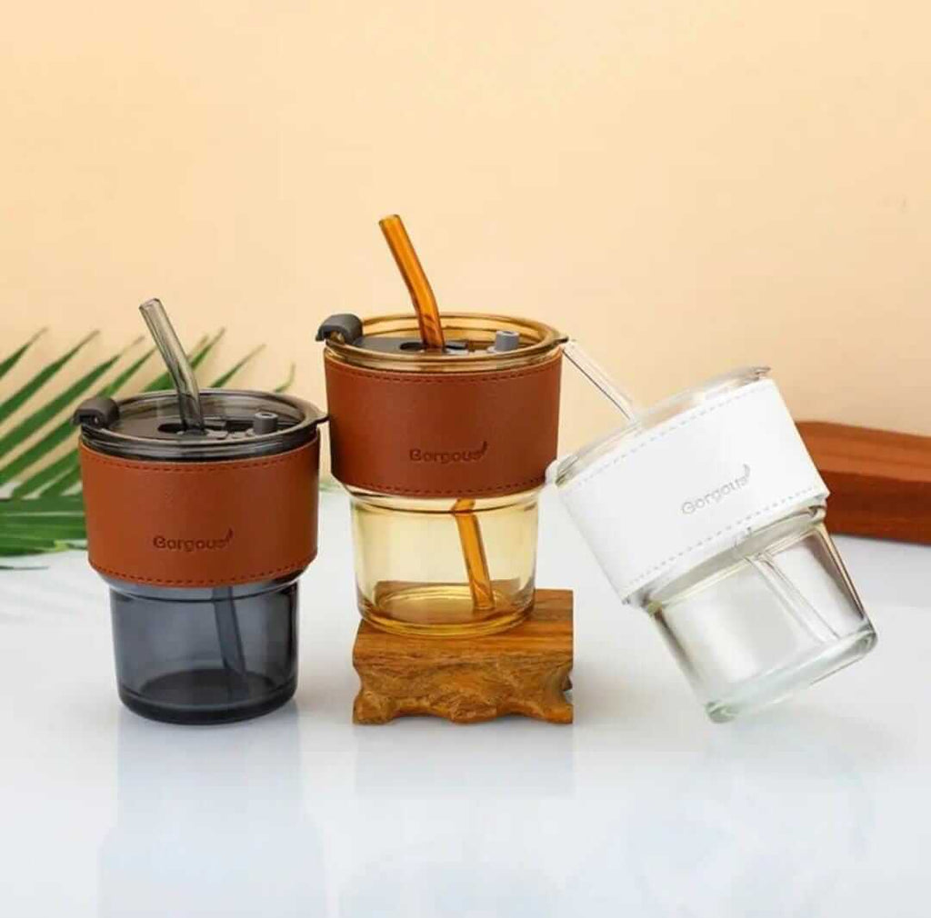 Portable Bamboo Shaped Glass Water Cup with Straw & Lid - Random Colors