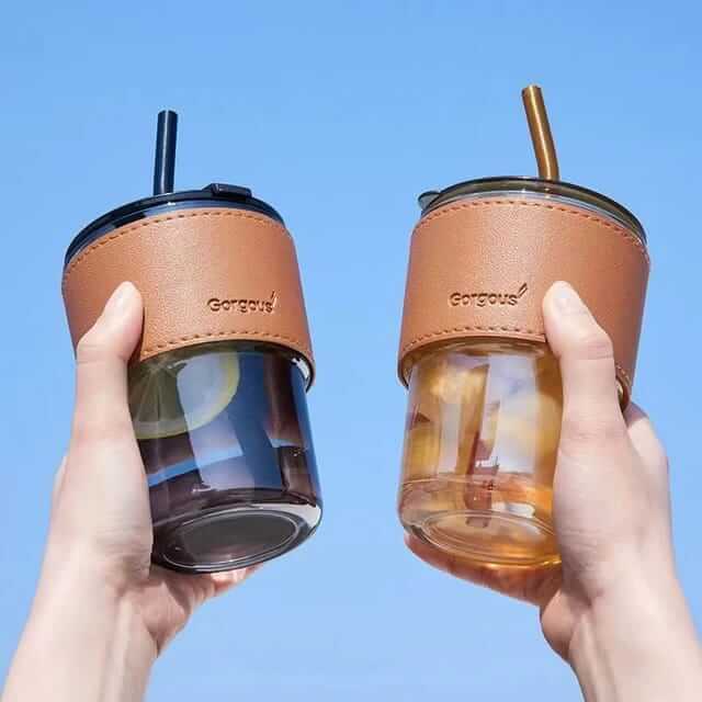 Portable Bamboo Shaped Glass Water Cup with Straw & Lid - Random Colors