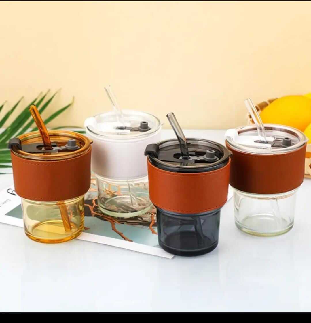 Portable Bamboo Shaped Glass Water Cup with Straw & Lid - Random Colors