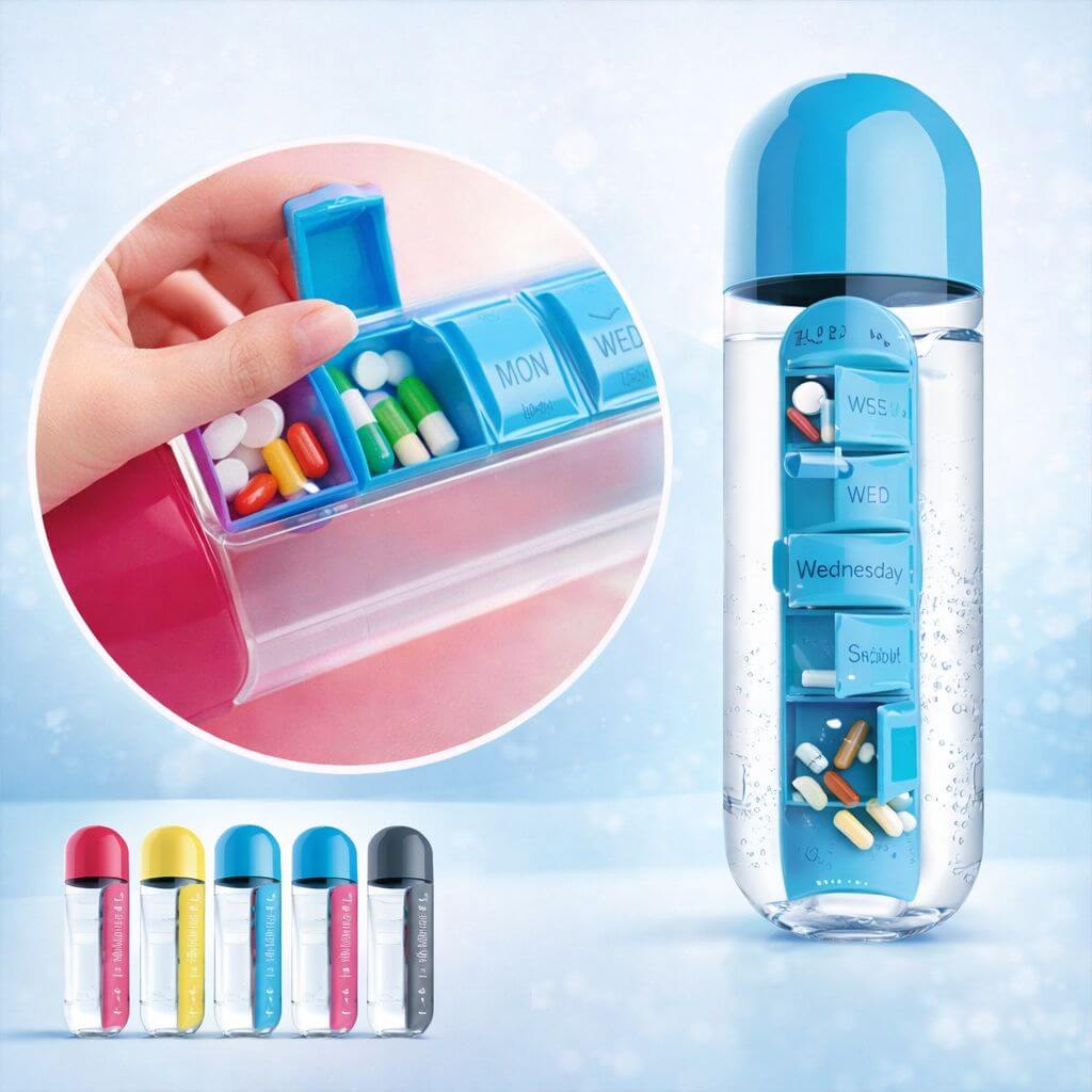 7-Day Pills Organizer Water Bottle with Cup - Random Colours