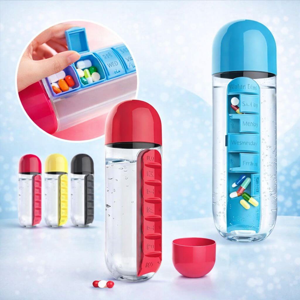 7-Day Pills Organizer Water Bottle with Cup - Random Colours