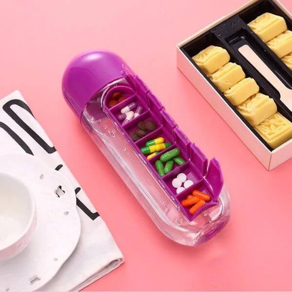 7-Day Pills Organizer Water Bottle with Cup - Random Colours