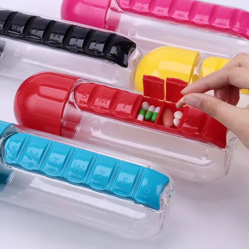 7-Day Pills Organizer Water Bottle with Cup - Random Colours