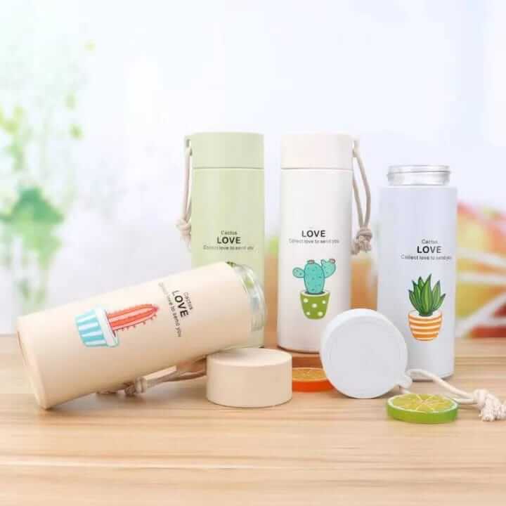 Cactus Design Insulated Plastic/Glass Coated Water Bottle 450ml - Random Colours