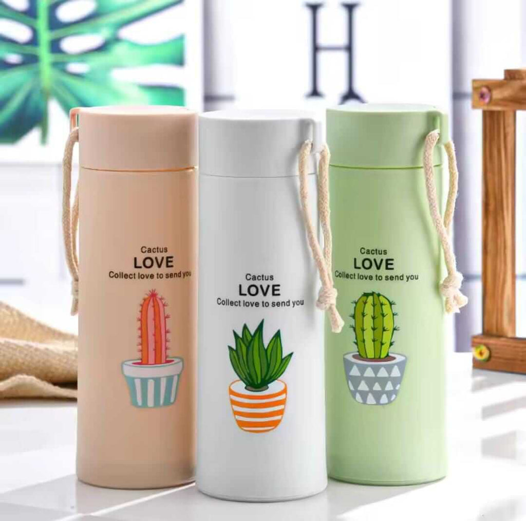 Cactus Design Insulated Plastic/Glass Coated Water Bottle 450ml - Random Colours