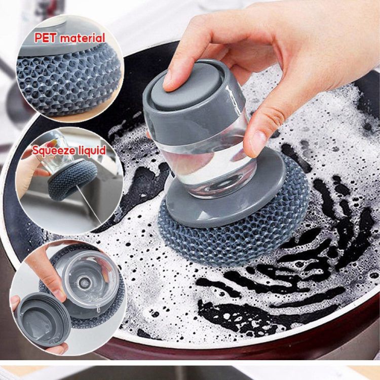 Kitchen Stainless Steel Wires Palm Brush with Squeeze Liquid Soap Container | Dish Scrubber