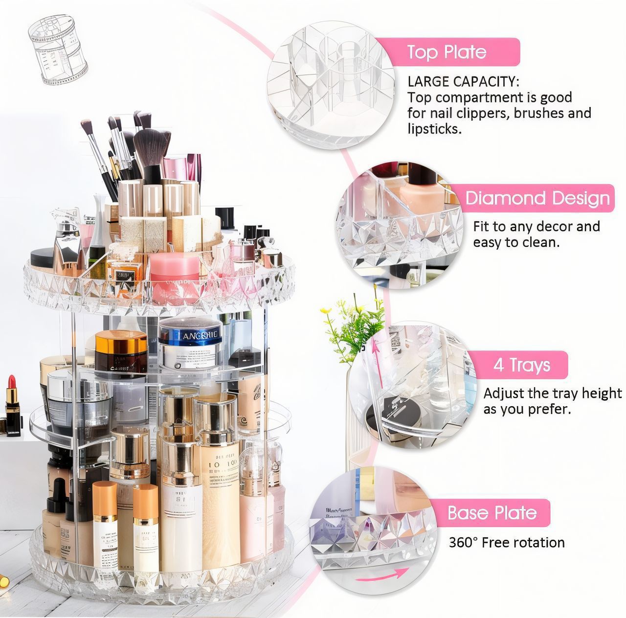 360° Rotating Diamond Crystal Cosmetics Organizer | 4 Adjustable Trays | Large Capacity Makeup Storage