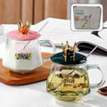 Crown Glass Mug with Lid & Spoon | Fortune Aesthetic Glass Cup | Pink & Green - Gift Box Included