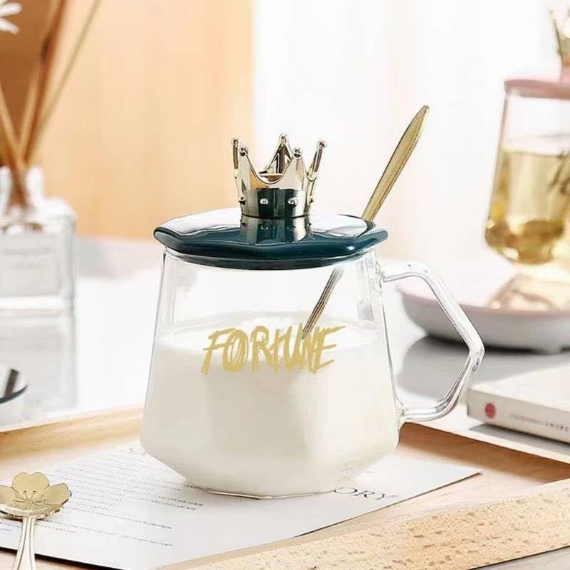 Crown Glass Mug with Lid & Spoon | Fortune Aesthetic Glass Cup | Pink & Green - Gift Box Included