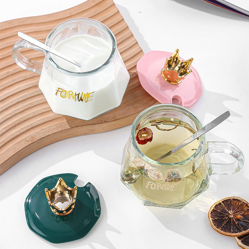 Crown Glass Mug with Lid & Spoon | Fortune Aesthetic Glass Cup | Pink & Green - Gift Box Included