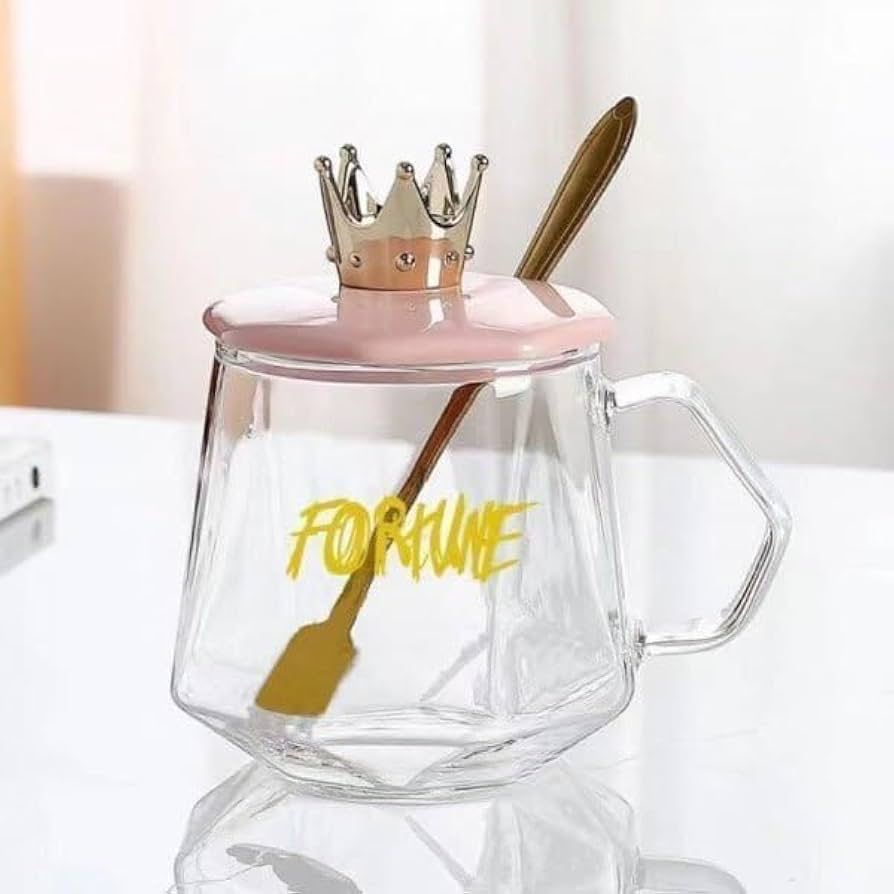 Crown Glass Mug with Lid & Spoon | Fortune Aesthetic Glass Cup | Pink & Green - Gift Box Included