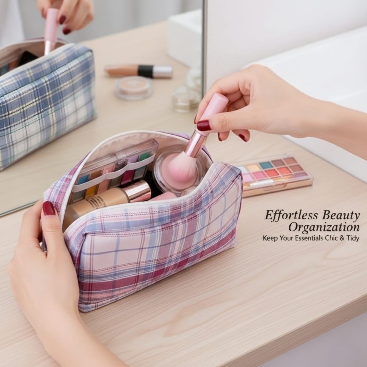 Imported Smart Cosmetics & Stationery Pouch | Plaid Design Multi-Purpose Organizer Bag - Random Colours