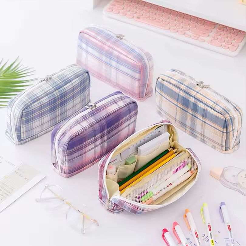 Imported Smart Cosmetics & Stationery Pouch | Plaid Design Multi-Purpose Organizer Bag - Random Colours