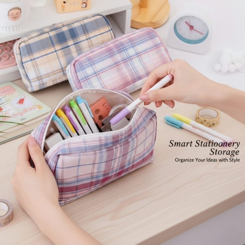 Imported Smart Cosmetics & Stationery Pouch | Plaid Design Multi-Purpose Organizer Bag - Random Colours