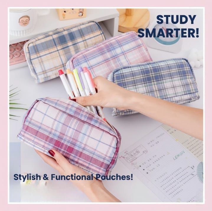 Imported Smart Cosmetics & Stationery Pouch | Plaid Design Multi-Purpose Organizer Bag - Random Colours