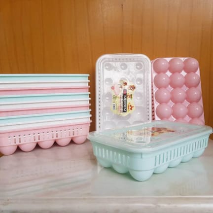 15 Slots Egg Tray With Lid | Fridge Egg Storage Container | Stackable | Random Colours