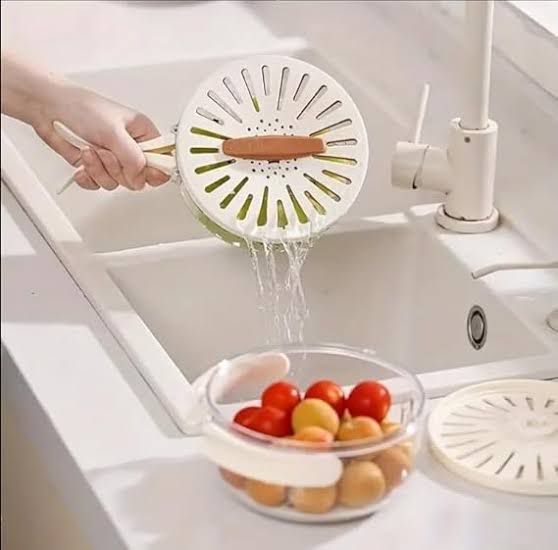 🔥 Multipurpose Drainage Kitchen & Fridge Basket | Bilayer Drain Basket | Hidden Folding Handle | Open/Close Lid Cover