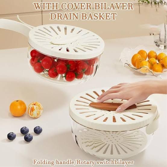 🔥 Multipurpose Drainage Kitchen & Fridge Basket | Bilayer Drain Basket | Hidden Folding Handle | Open/Close Lid Cover
