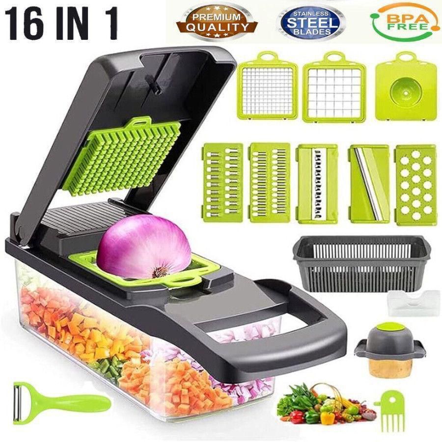 🔥 16 in 1 Vegetable Chopper Veggie Slicer | Premium Stainless Steel Blades | BPA Free | Box + Full Accessories