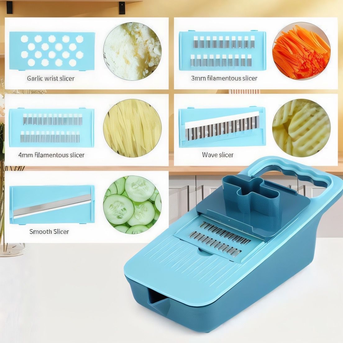 Multipurpose 5 in 1 Straight Drainage Vegetable Cutter & Slicer | Built-in Container | 5 Interchangeable Blades