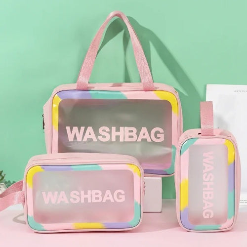 3 Pcs Waterproof Travel Cosmetic Bag Set | Zippered Makeup Organizer | Washbag | Pink & White