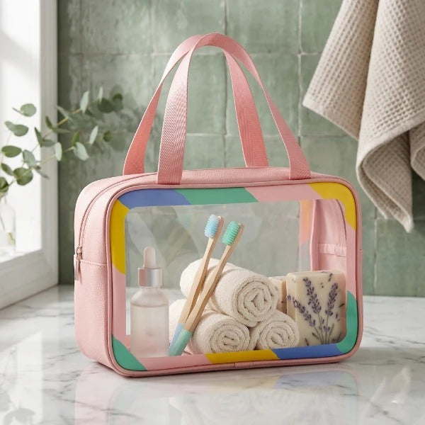 3 Pcs Waterproof Travel Cosmetic Bag Set | Zippered Makeup Organizer | Washbag | Pink & White