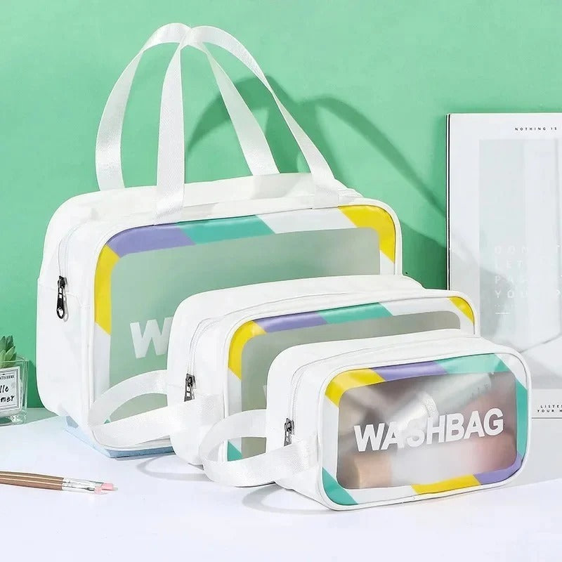 3 Pcs Waterproof Travel Cosmetic Bag Set | Zippered Makeup Organizer | Washbag | Pink & White