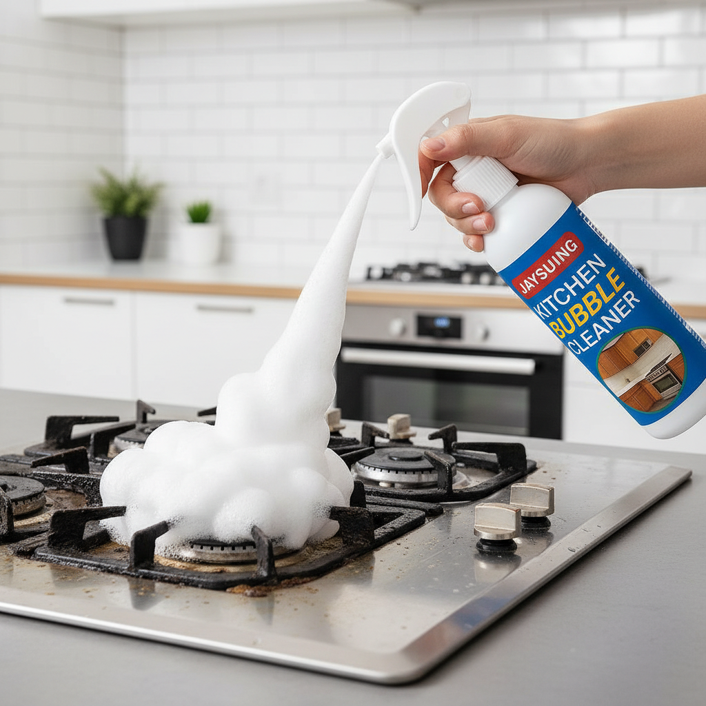 Kitchen bubble cleaner spray being used on greasy stove burner with foam bubbles