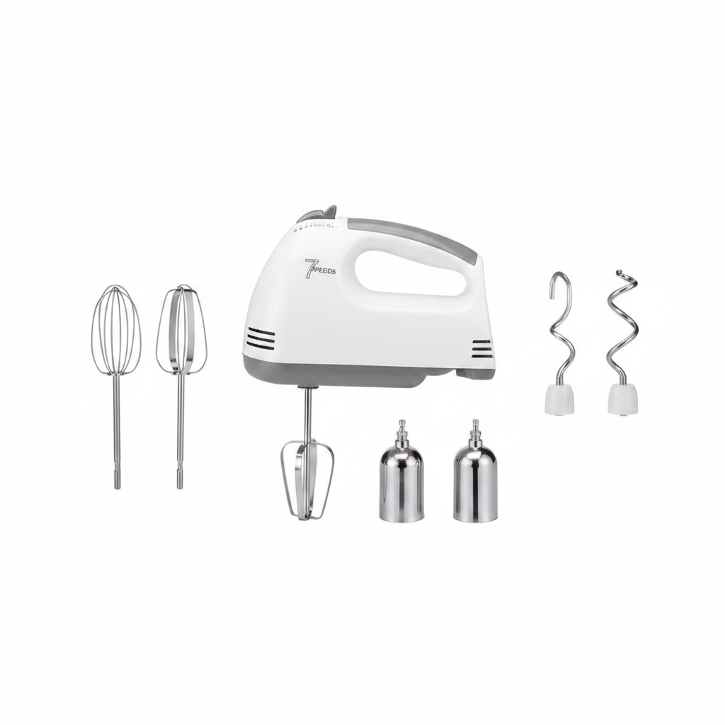Electric hand mixer with all attachments beater whisks and dough hooks flat lay white background
