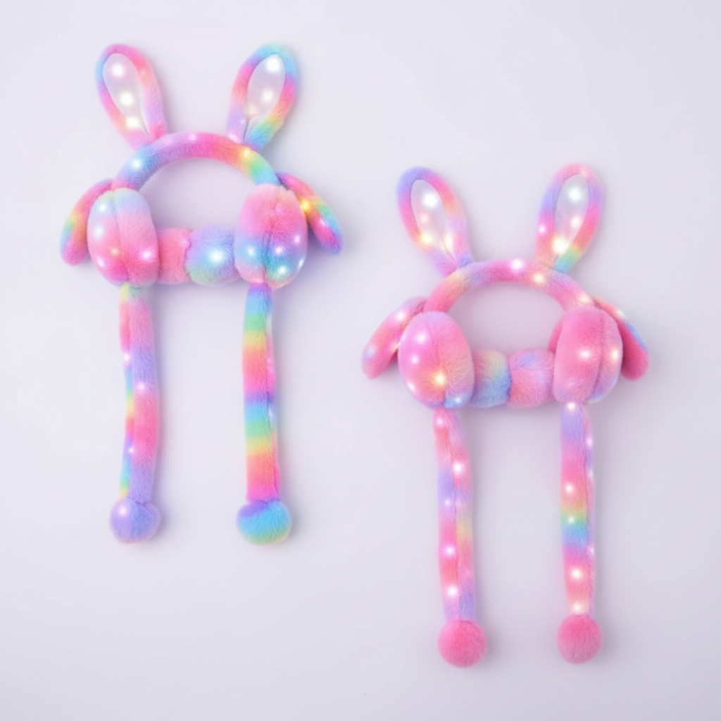 Three pairs rainbow colorful fluffy bunny ear earmuffs with LED lights flat lay white background