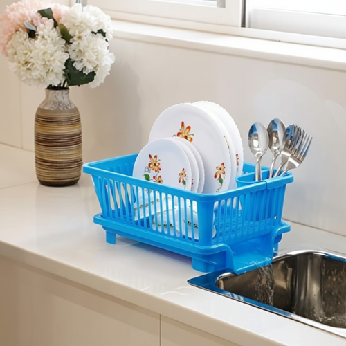 Blue fancy plate rack lifestyle kitchen counter near sink with plates and spoons