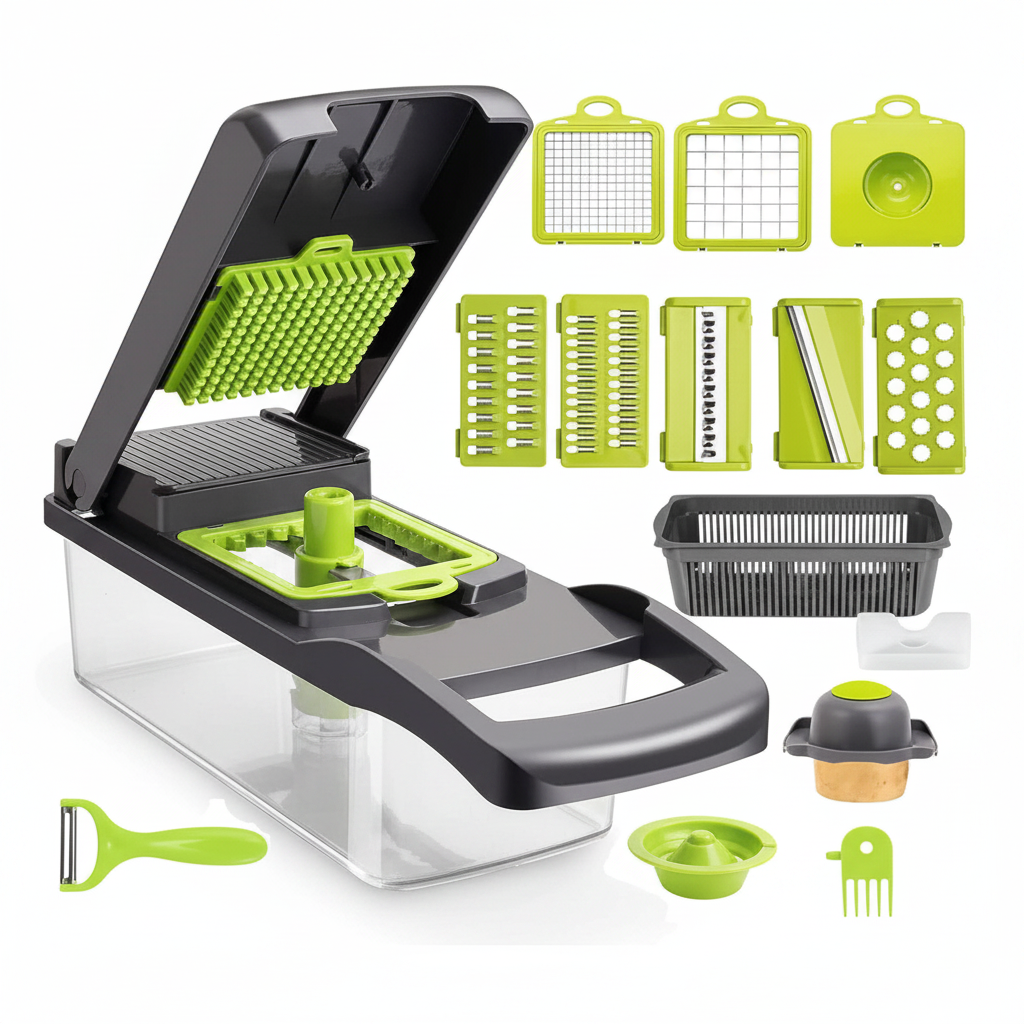 All 16 accessories of vegetable chopper set flat lay white background blades container basket peeler