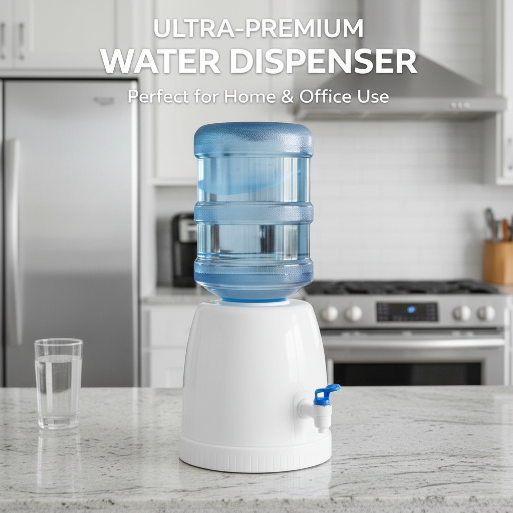 Water dispenser with 19L bottle on kitchen counter