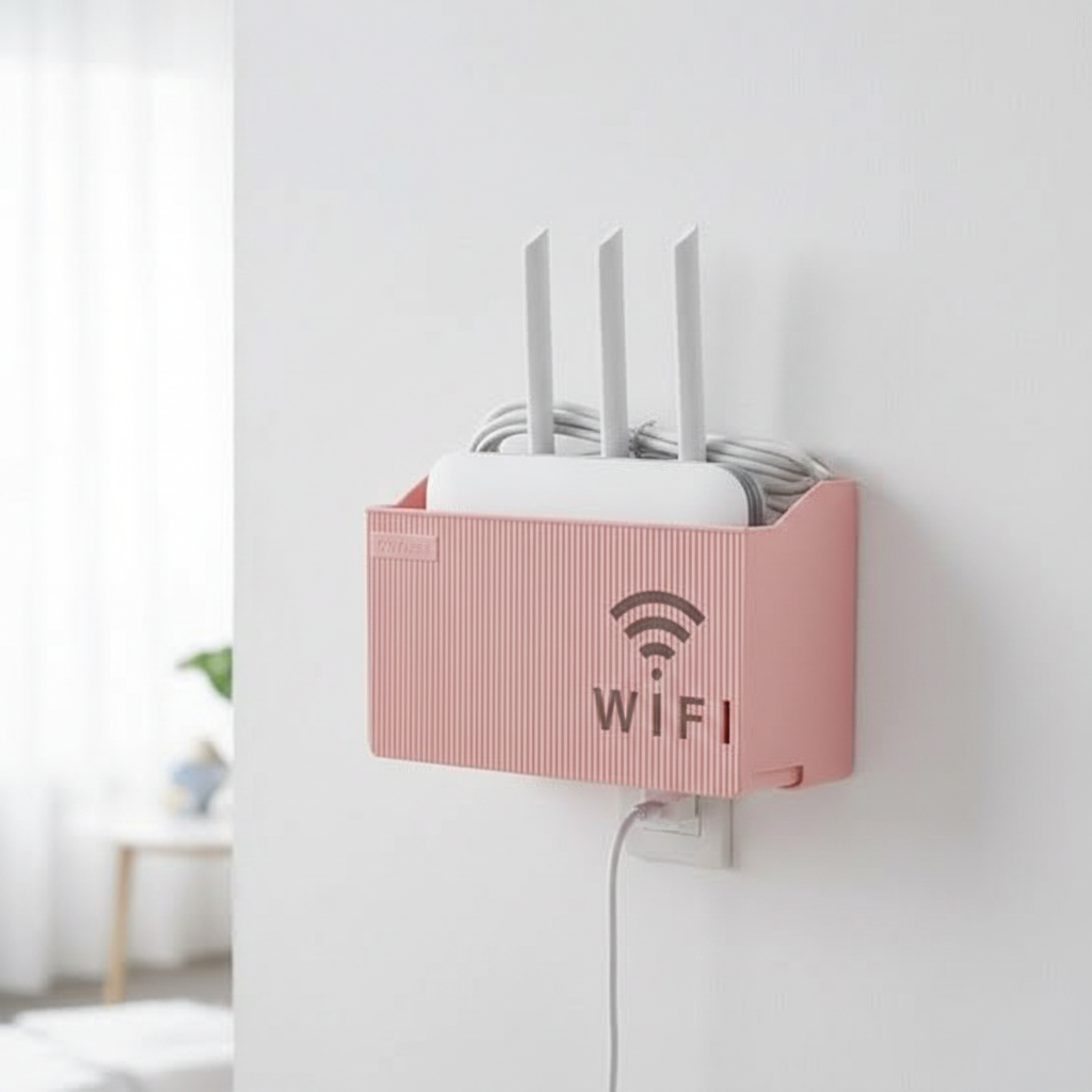 Pink WiFi router wall mount box with router and cables organized