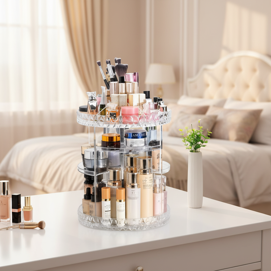 Rotating makeup organizer filled with cosmetics on dressing table lifestyle