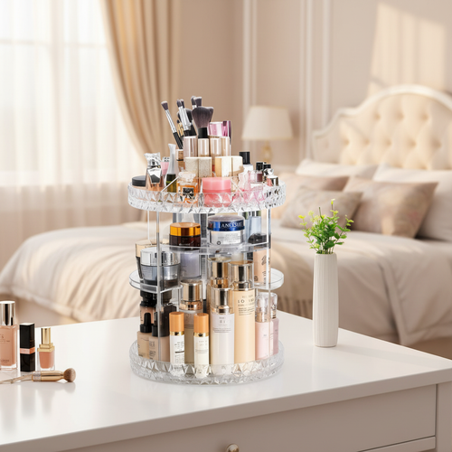 Rotating makeup organizer filled with cosmetics on dressing table lifestyle