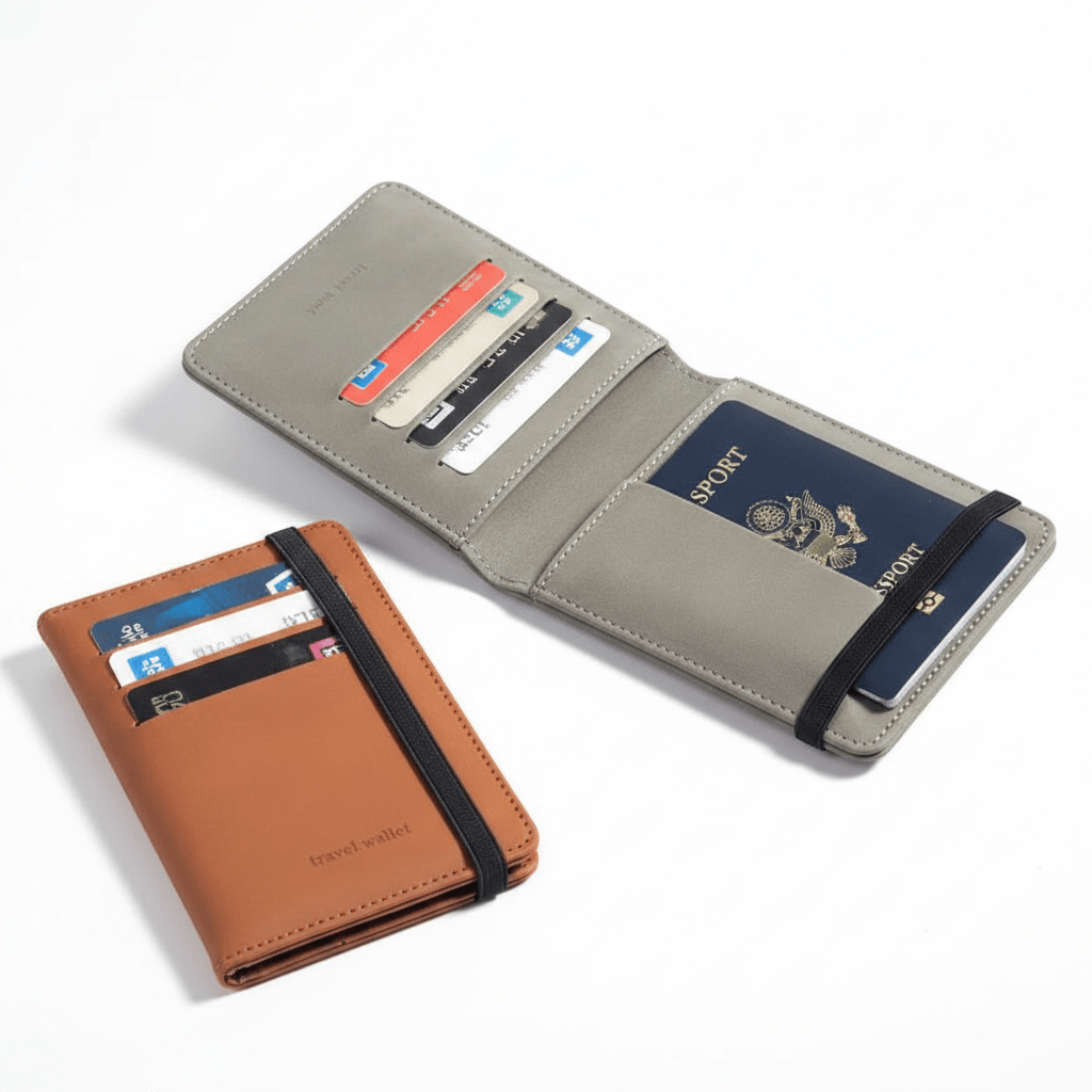 PU leather passport card holder with multiple card slots and passport compartment, stylish travel wallet.