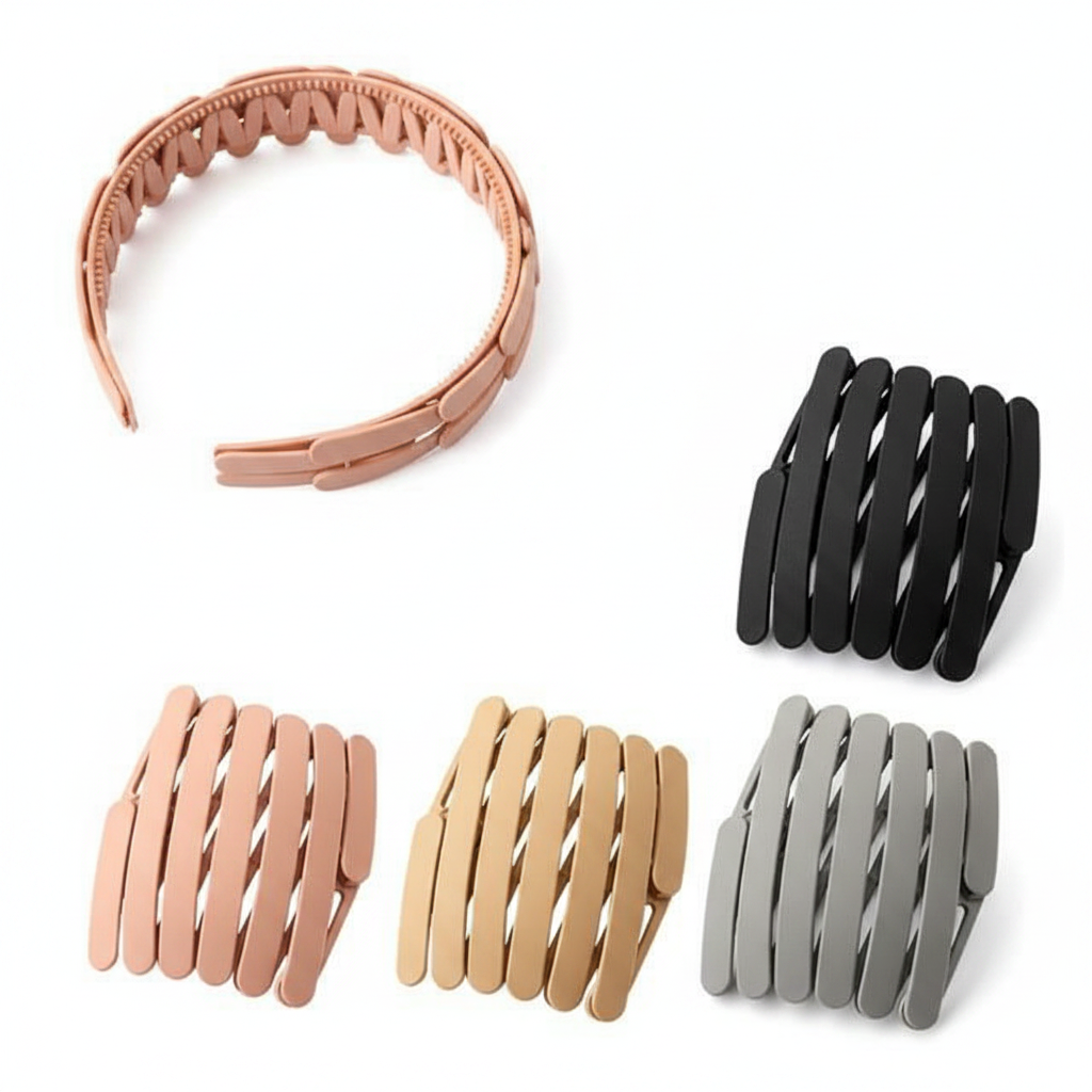 Six foldable expandable hair claw headbands all colors black beige rose gold khaki grey white background