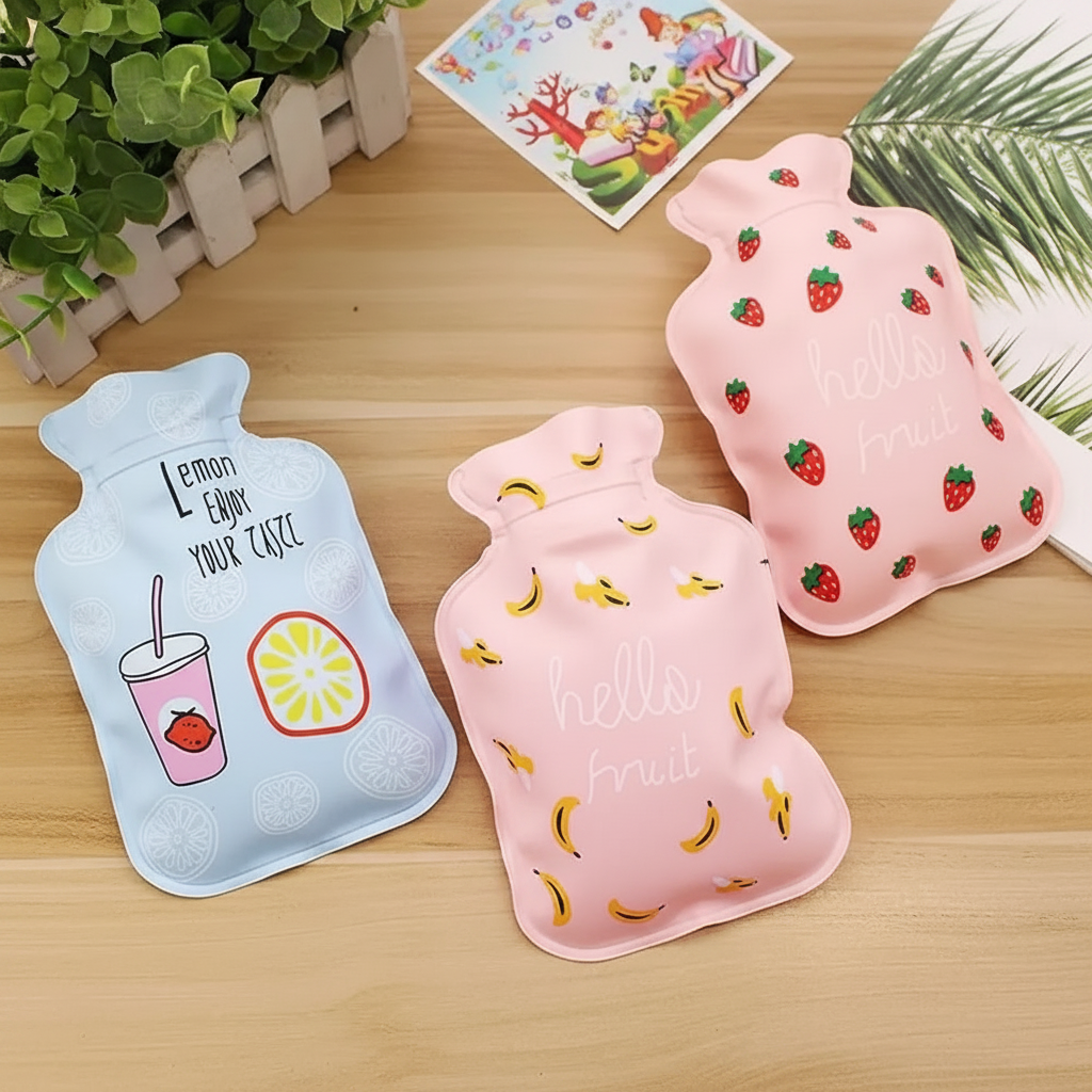 Three cute cartoon hot water bags enhanced lifestyle photo wooden table green plants