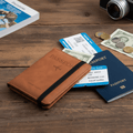 PU leather passport card holder with travel wallet, tickets, passport, and cash on a wooden table