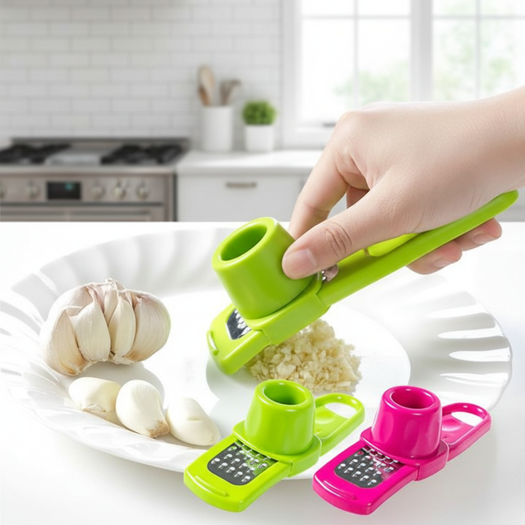 Garlic press grater being used to mince fresh garlic on white kitchen counter lifestyle