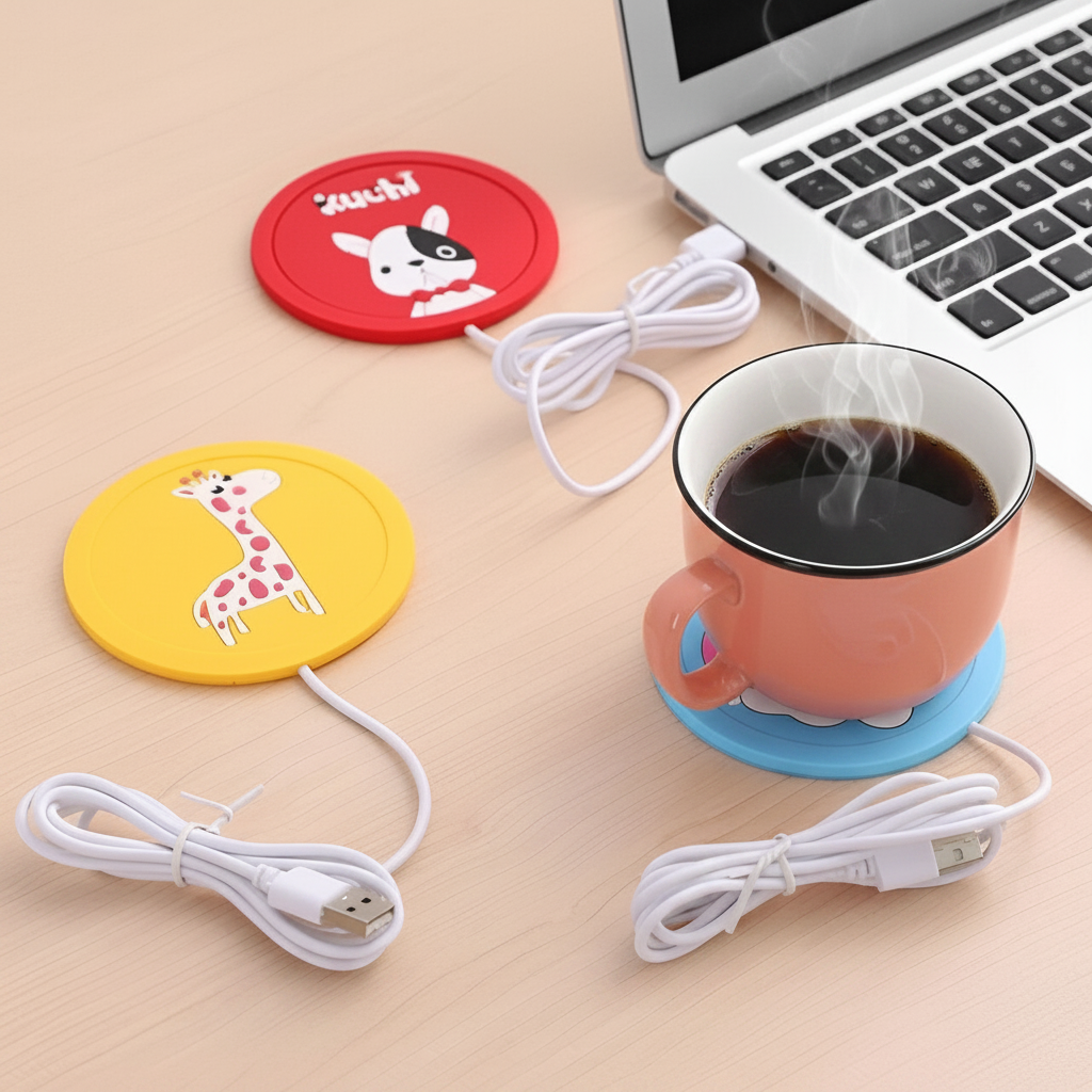 USB cup warmer with coffee mug on cozy office desk beside laptop steam rising
